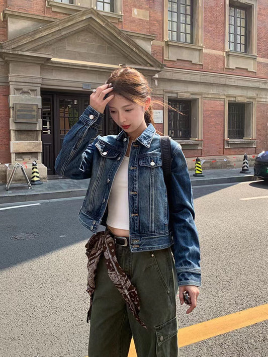 American Vintage Style Turn-down Collar Cropped Denim Jacket