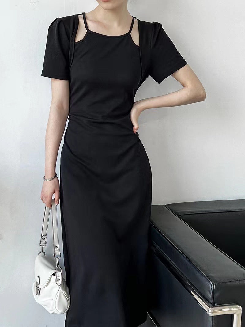Black Short-Sleeve Fitted Maxi Dress