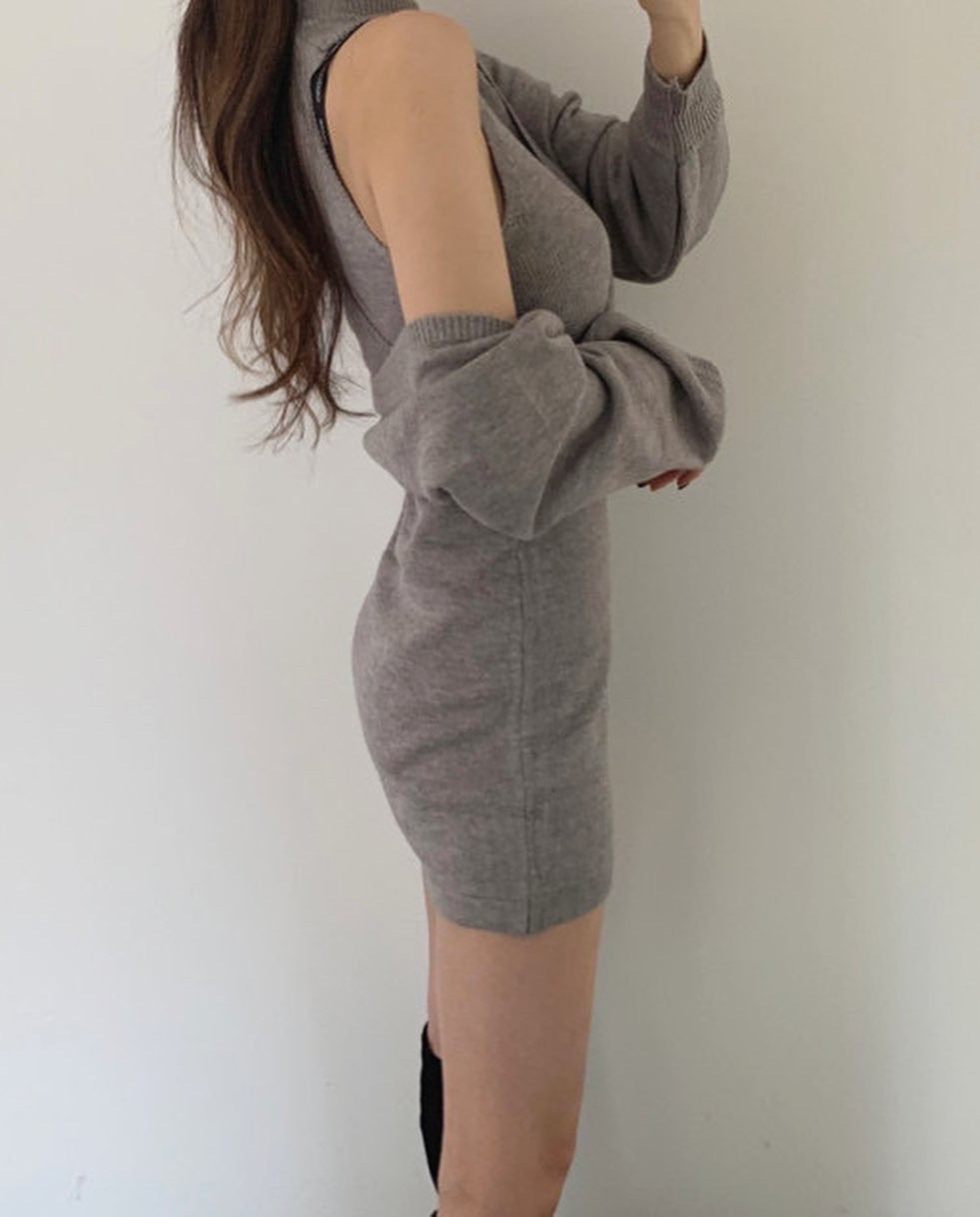 V領露肩毛衣+背心針織裙