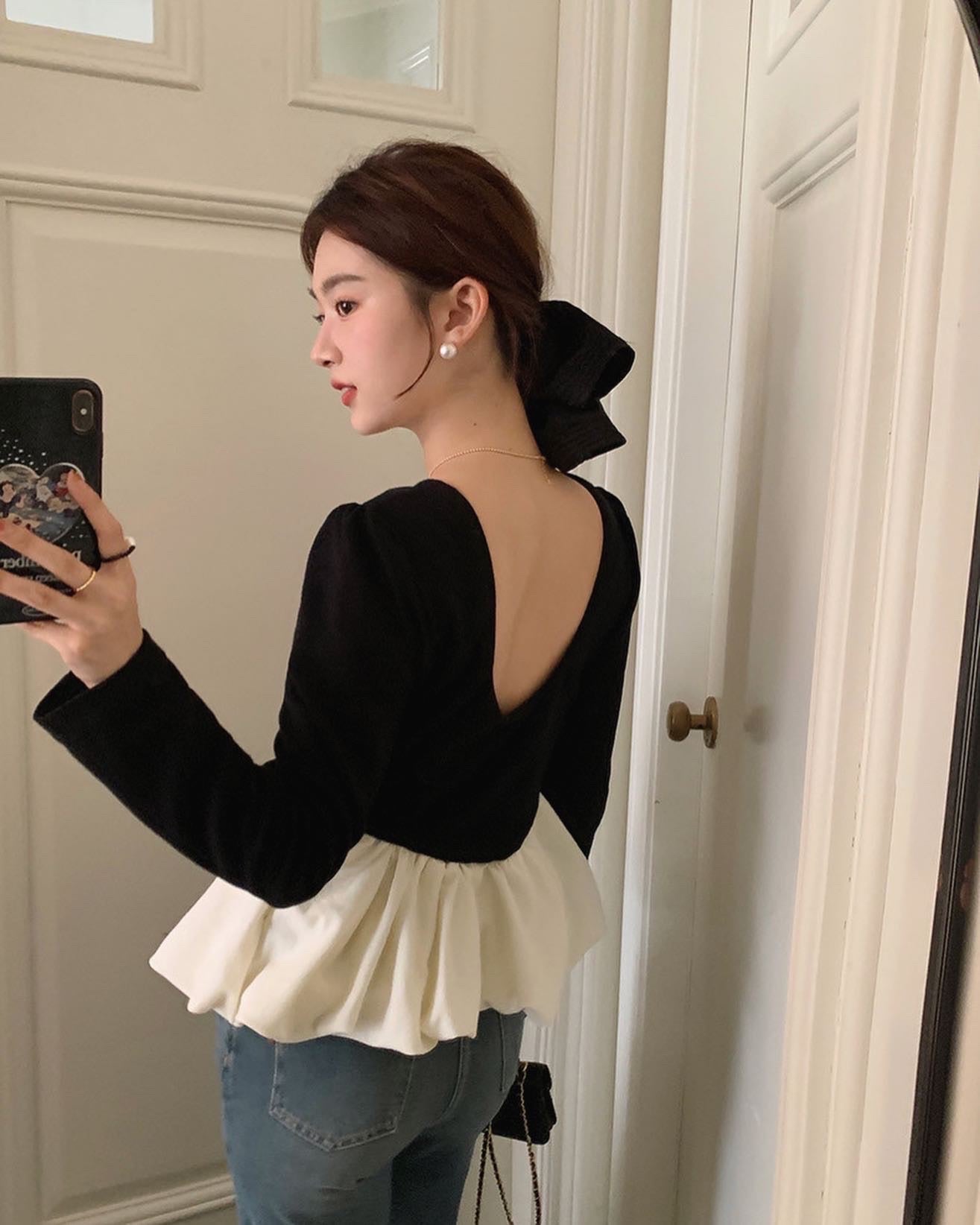 ヴィンテージバックオープンフリル長袖トップ