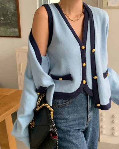 V-neck single-breasted vest + color-block knit cardigan