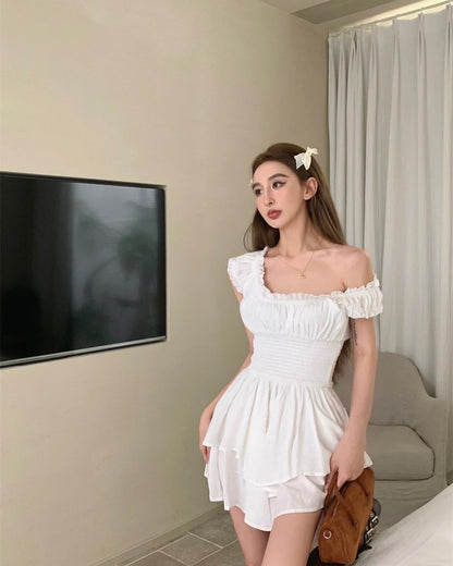 一字肩收腰連身裙