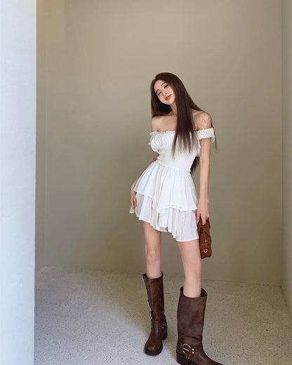 一字肩收腰連身裙