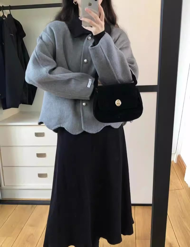 花花翻領羊絨外套