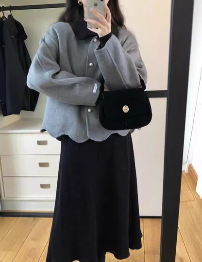 花花翻領羊絨外套