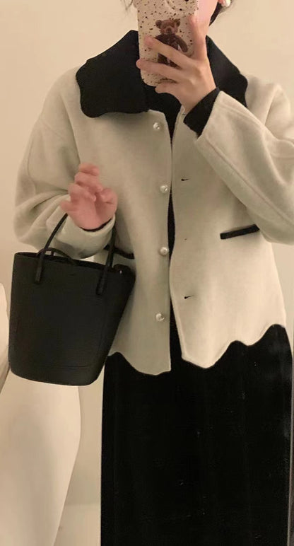 花花翻領羊絨外套