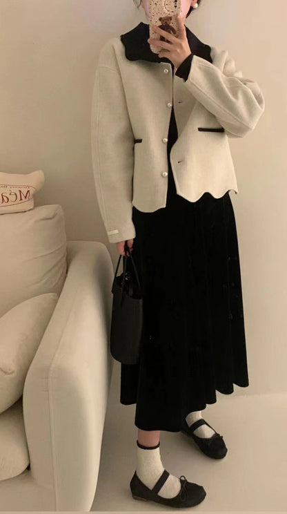 花花翻領羊絨外套