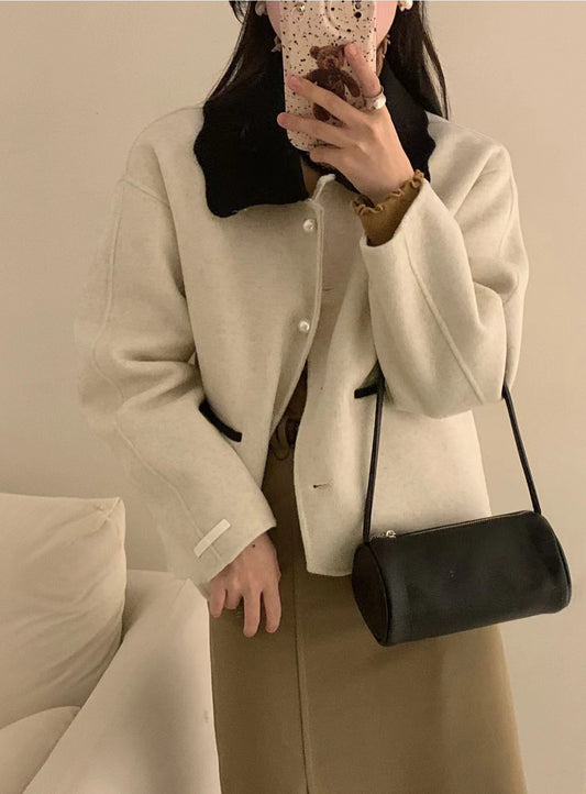 花花翻領羊絨外套