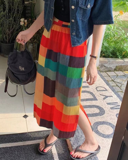 Rainbow Plaid Slit Midi Skirt