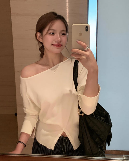 簡約斜肩針織top