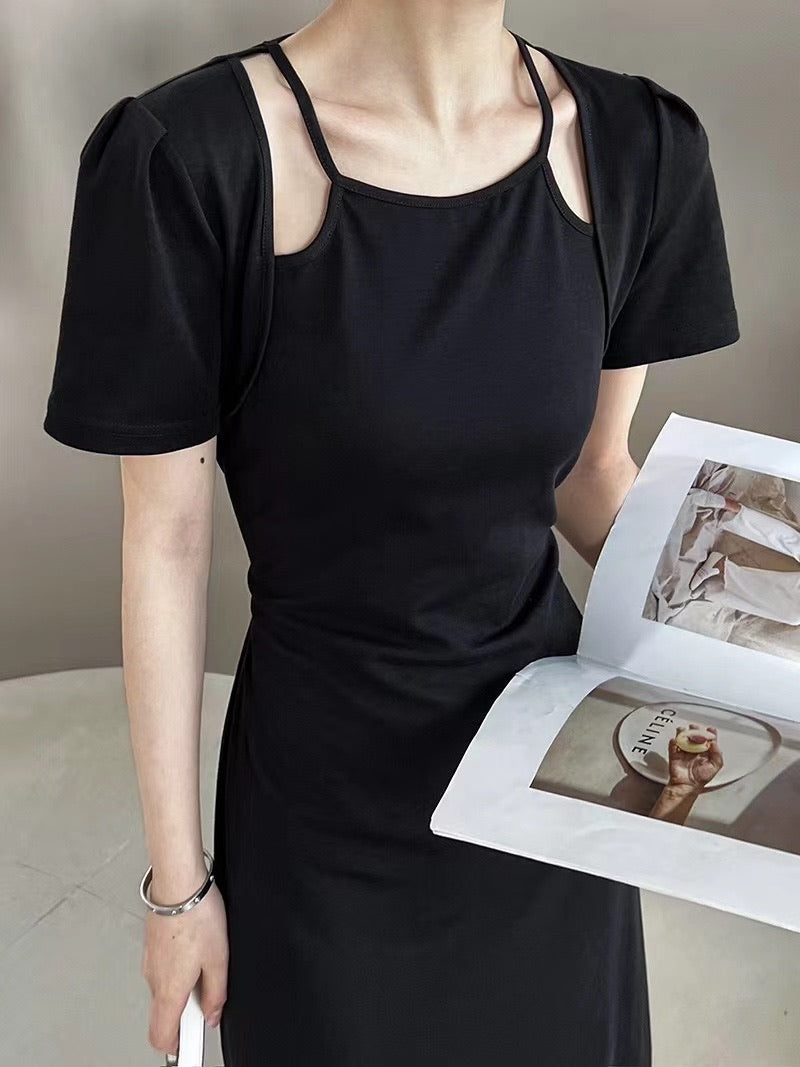 Black Short-Sleeve Fitted Maxi Dress