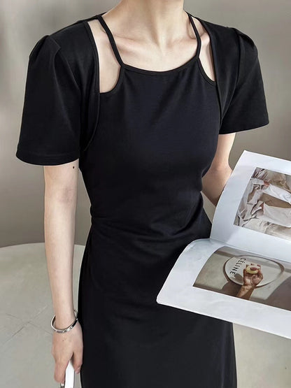 Black Short-Sleeve Fitted Maxi Dress