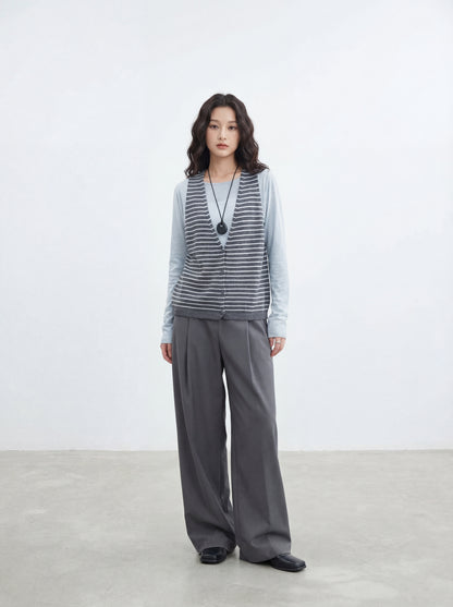 Striped Knit Sweater with Spliced Mock Two-Piece Halter Neck