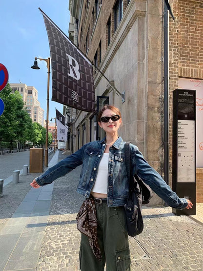 美式復古翻領短款牛仔外套