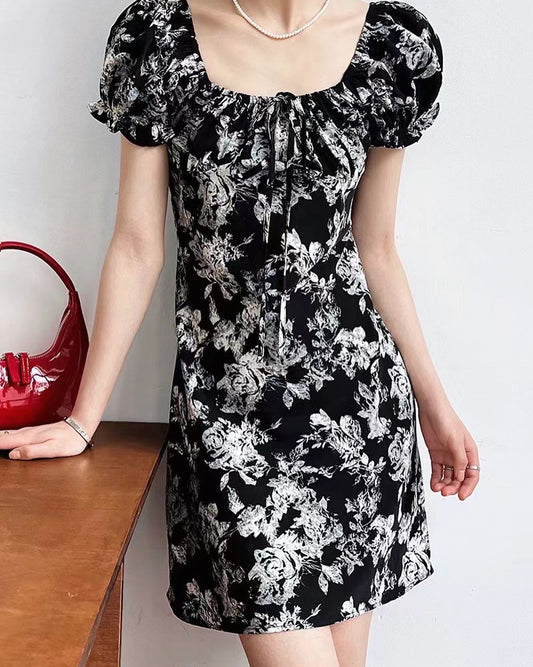 Square Neck Floral Mini Dress