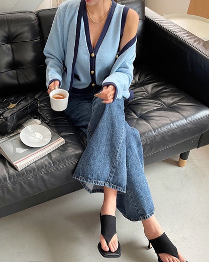 V-neck single-breasted vest + color-block knit cardigan