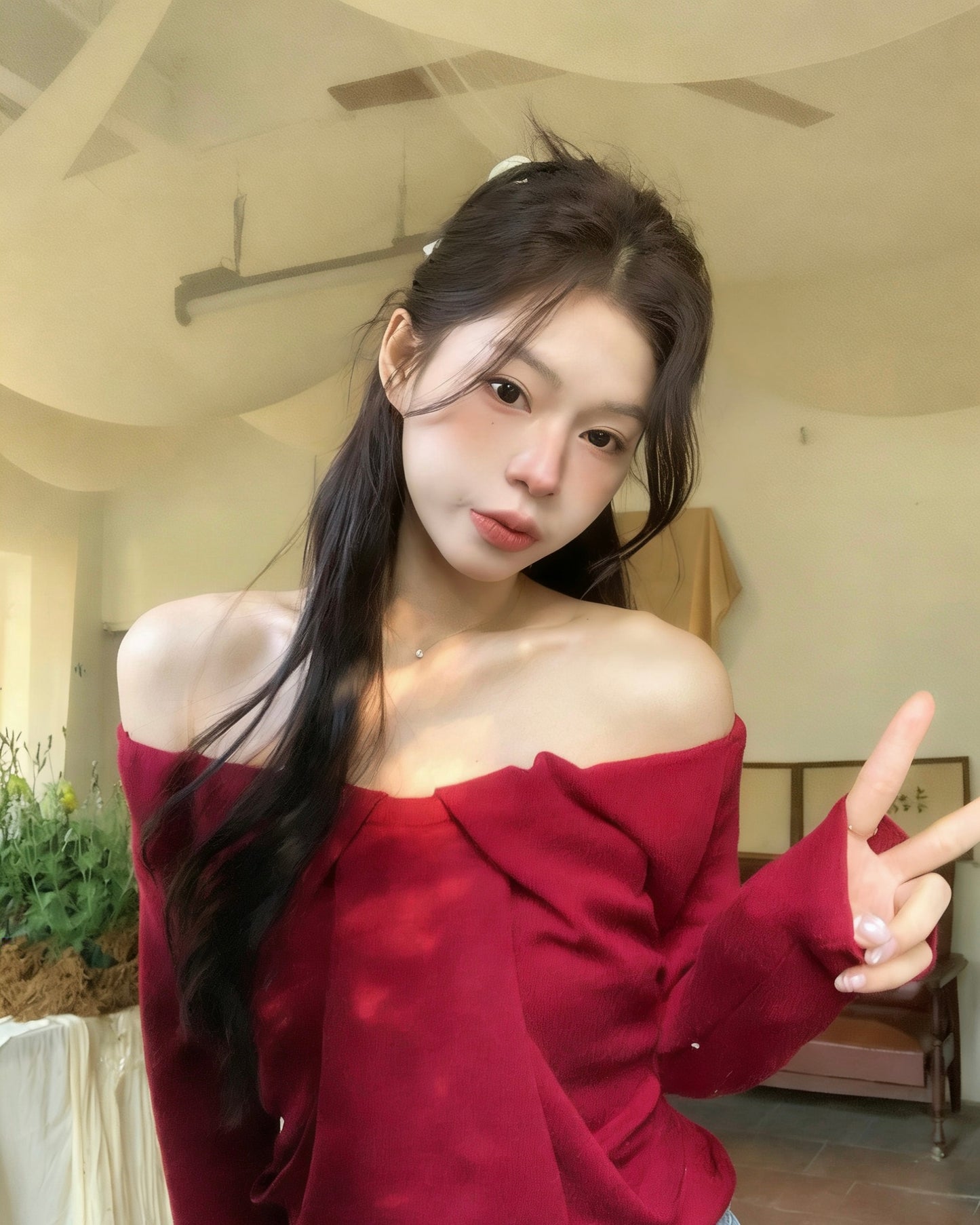 法式浪漫一字肩針織小衫