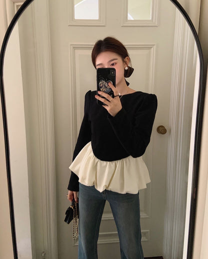 ヴィンテージバックオープンフリル長袖トップ