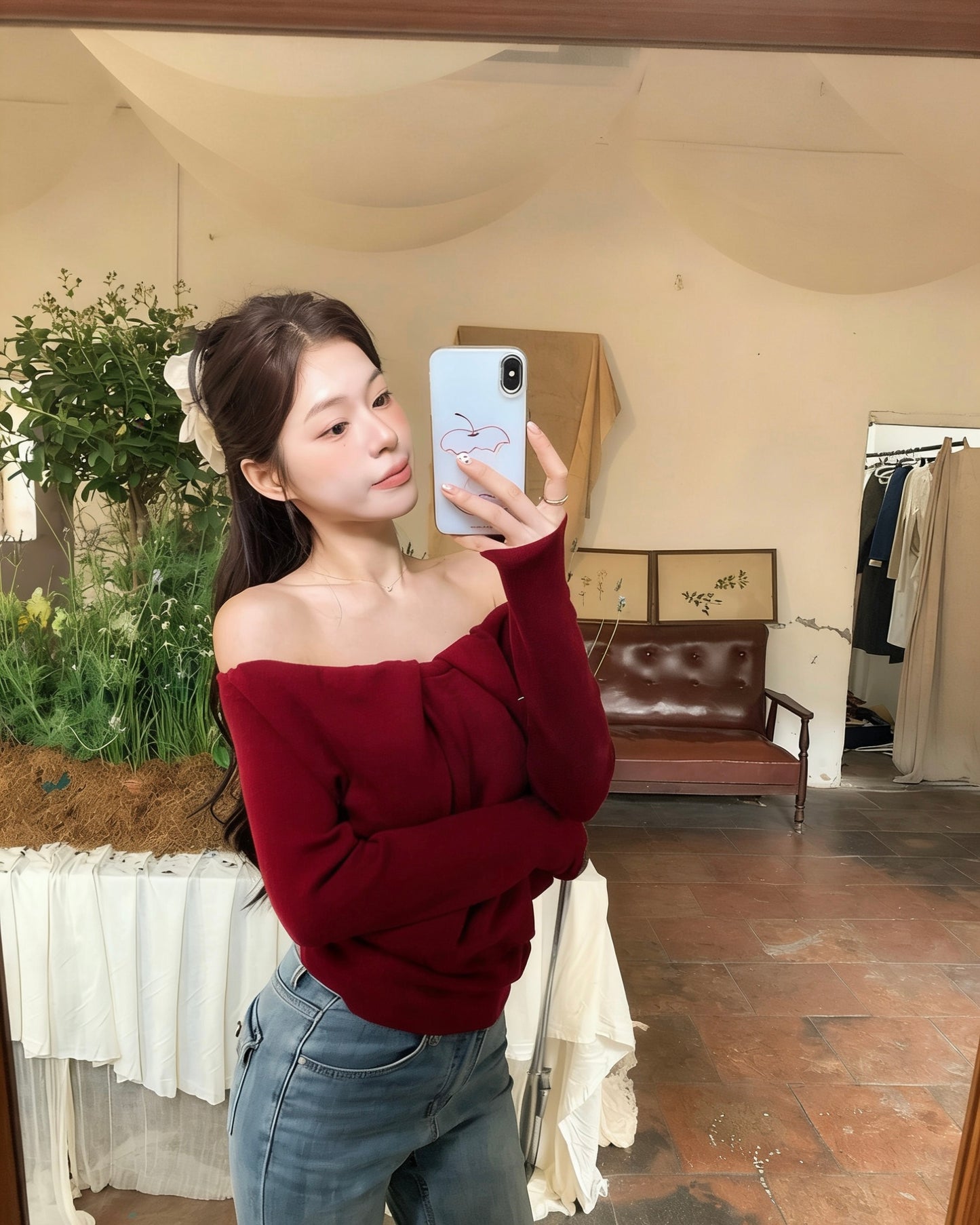 法式浪漫一字肩針織小衫