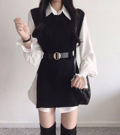 T-shirt dress + knitted vest set