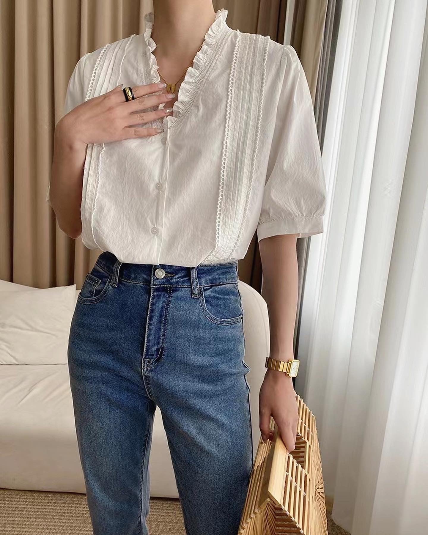 White Ruffle Neck Top