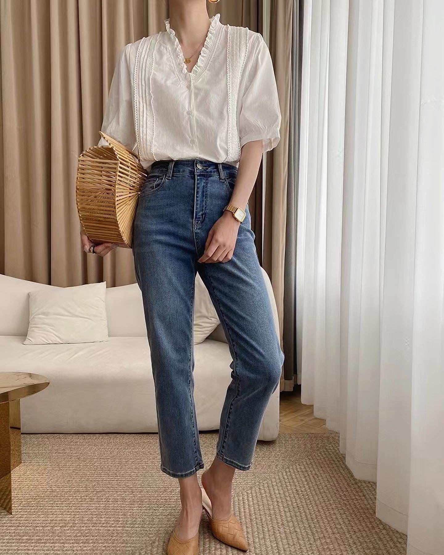 White Ruffle Neck Top