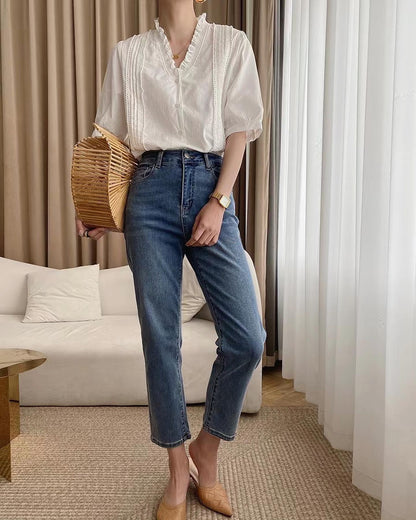 White Ruffle Neck Top