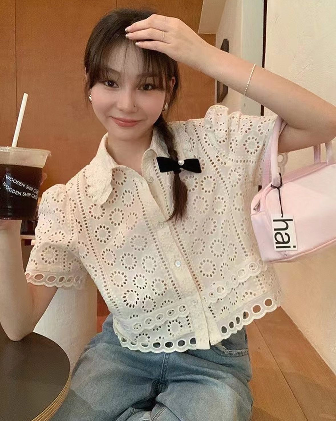 半袖レースボタントップ