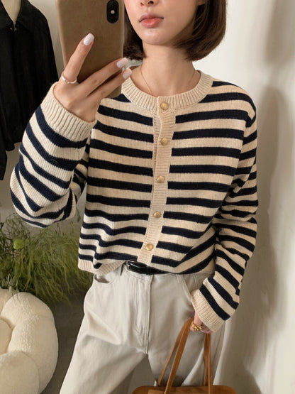 圓領條紋簡約針織開衫