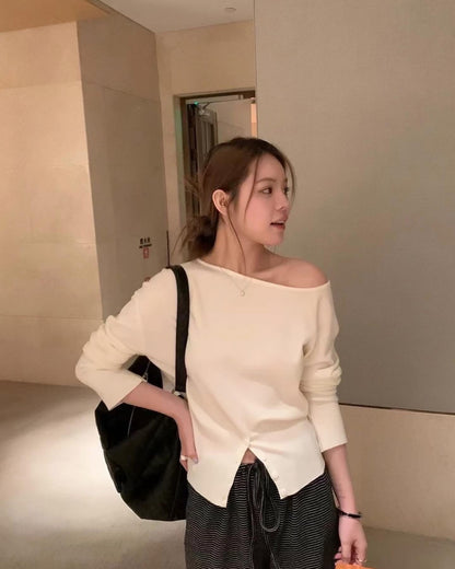 簡約斜肩針織top