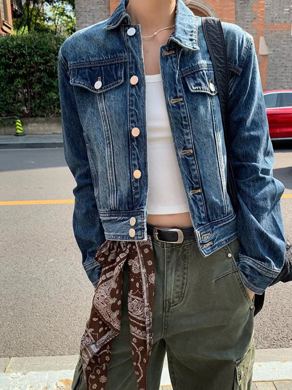 美式復古翻領短款牛仔外套