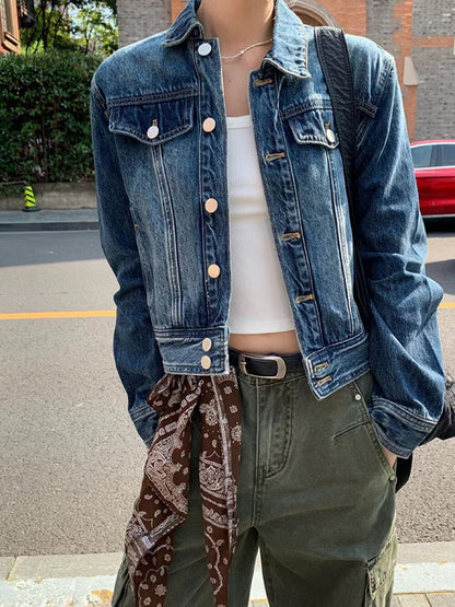 美式復古翻領短款牛仔外套