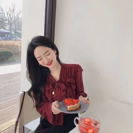 Polka Dot Long Sleeve Chiffon Top