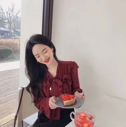 Polka Dot Long Sleeve Chiffon Top