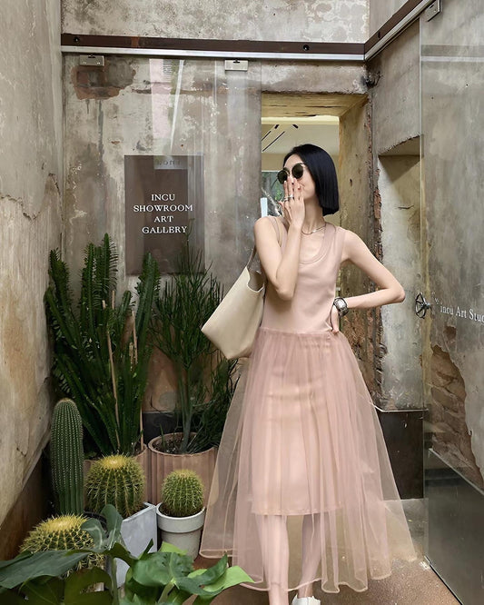 拼紗U領背心長裙