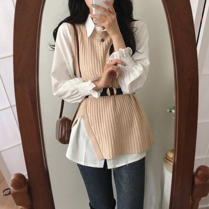 T-shirt dress + knitted vest set