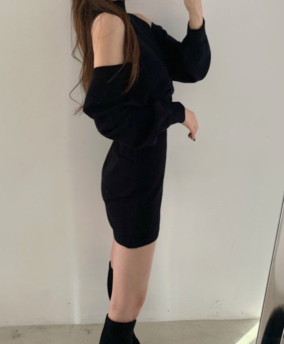 V領露肩毛衣+背心針織裙