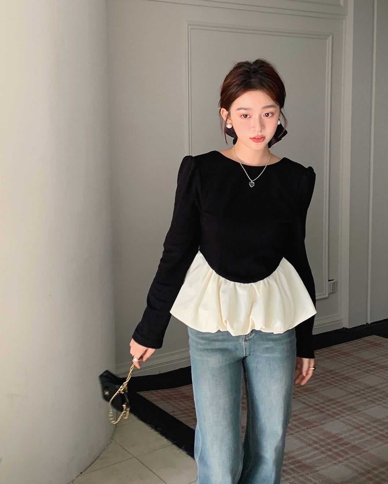 ヴィンテージバックオープンフリル長袖トップ