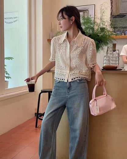 半袖レースボタントップ