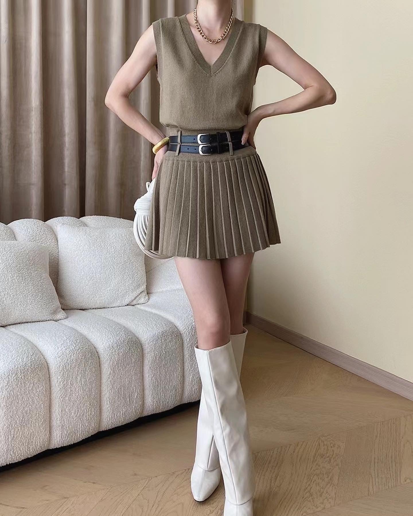 Vest and Pleated Skirt Set