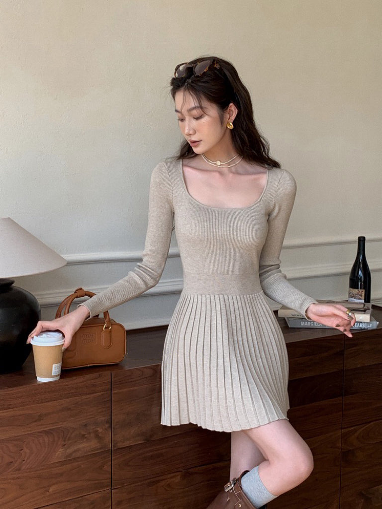 法式方領修腰連身裙