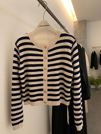 圓領條紋簡約針織開衫