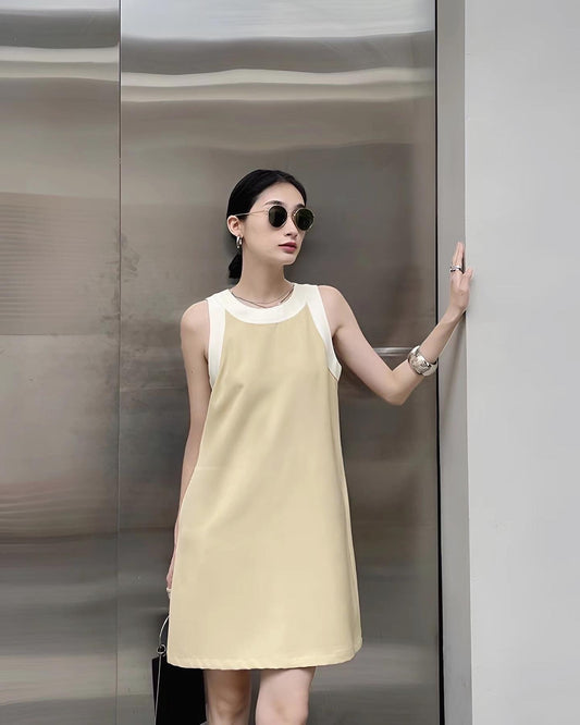 領口拼色背心連身裙