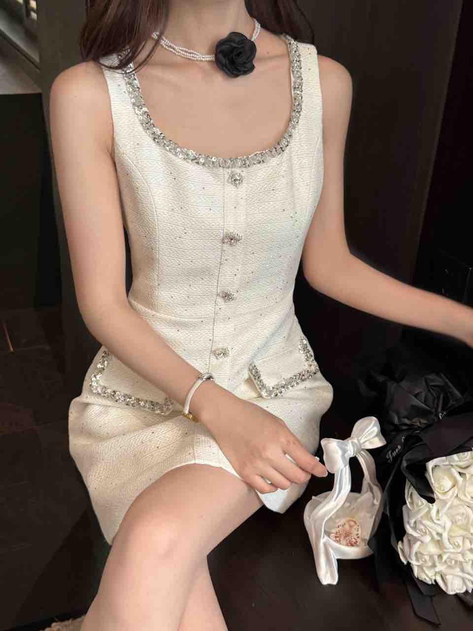 French-style Little Chanel Sequin-trimmed Sleeveless Dress