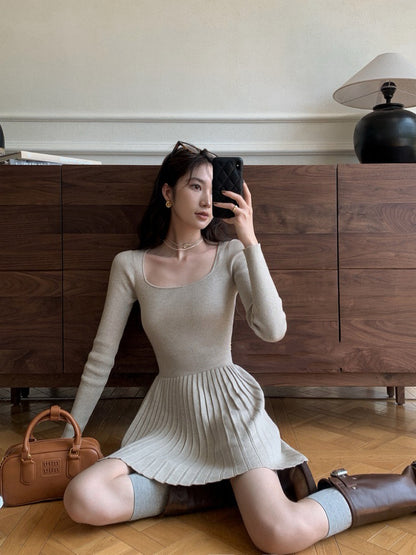 法式方領修腰連身裙