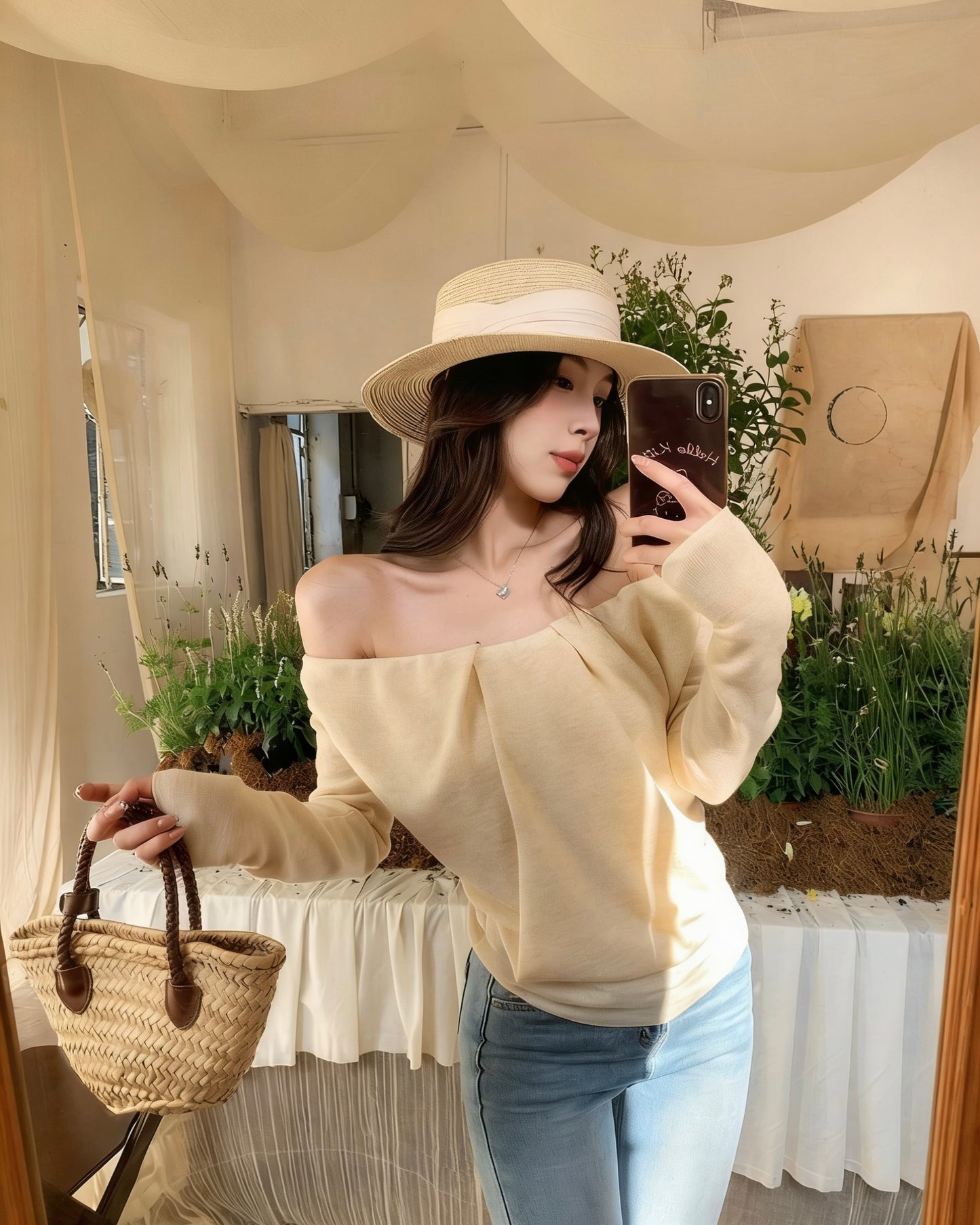 法式浪漫一字肩針織小衫