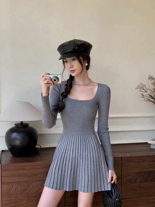 法式方領修腰連身裙