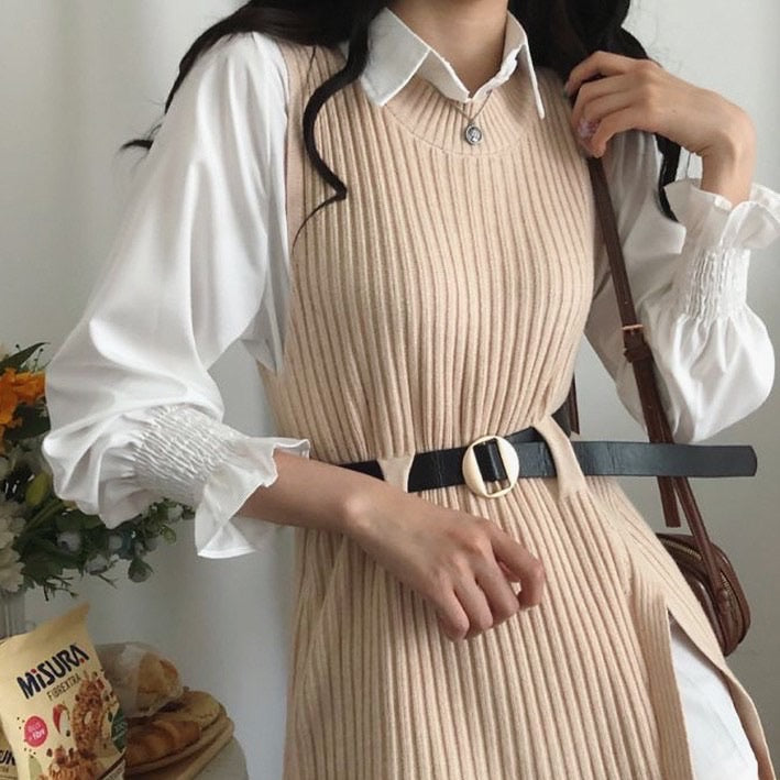 T-shirt dress + knitted vest set
