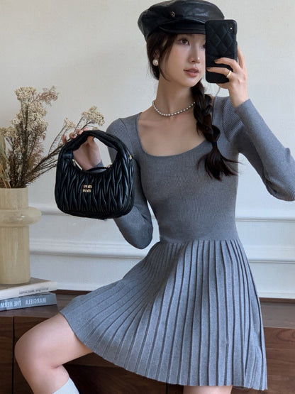 法式方領修腰連身裙