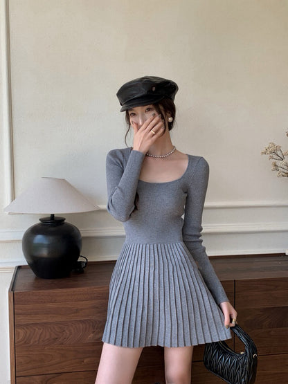 法式方領修腰連身裙